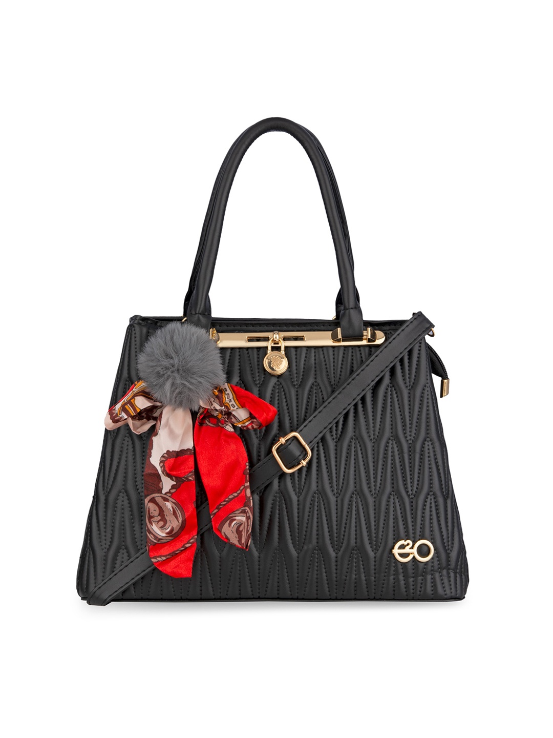 

E2O Black Textured PU Structured Handheld Bag with Bow Detail