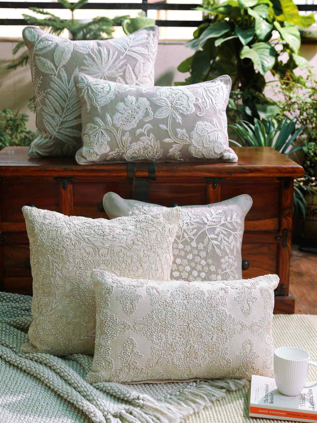 

Amoliconcepts Off White Embroidered Rectangle Cushion Covers