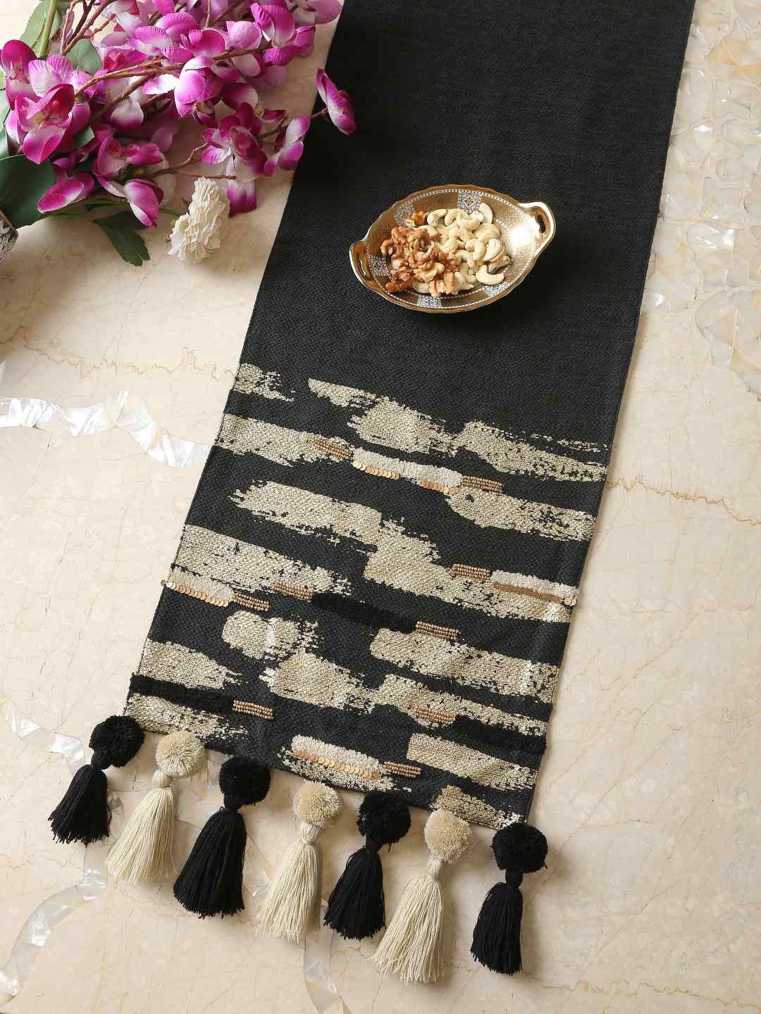 

Amoliconcepts Charcoal Black & White Embellishment and Gold Foiling Table Runner