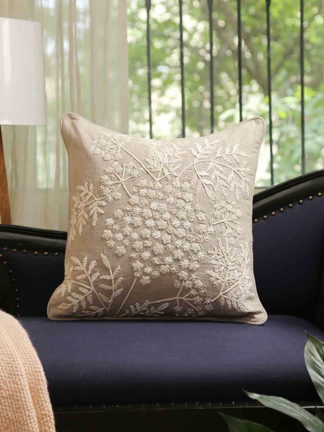 

Amoliconcepts Grey & Off White Embroidered Rectangle Cushion Cover