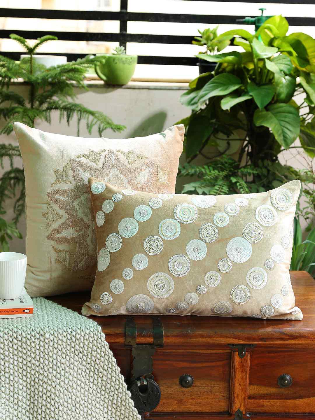 

Amoliconcepts Beige Embroidered Velvet Square Cushion Cover