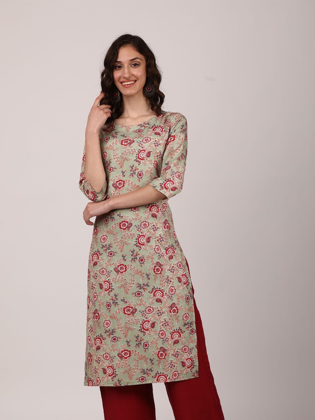 

OCTICS Women Green & Pink Floral Printed Floral Kurta
