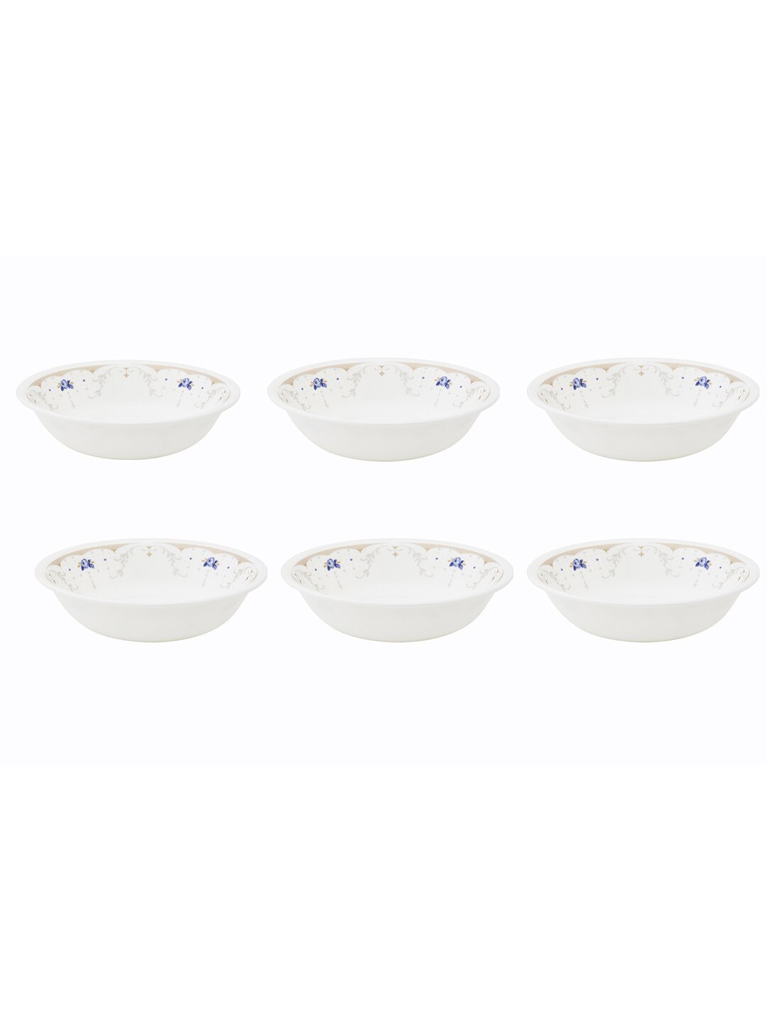 

Corelle White & Blue Set of 6 Dishwasher And Microwave Safe Printed Glossy Bowls 296 ml