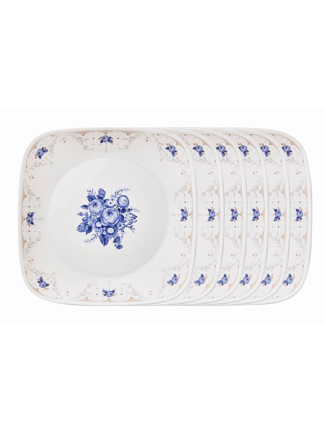 

Corelle Square Round Gold White & Blue Set of 6 Pieces Floral Printed Glossy Plates