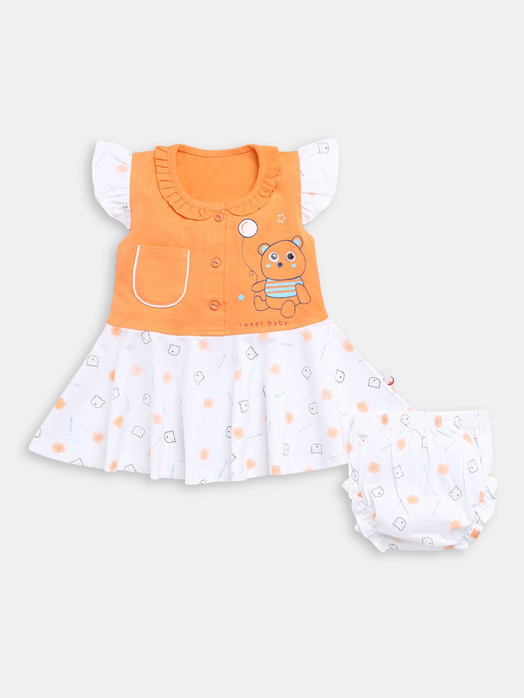 

Hopscotch Girls Orange & White Pure Cotton Printed Top with Shorts