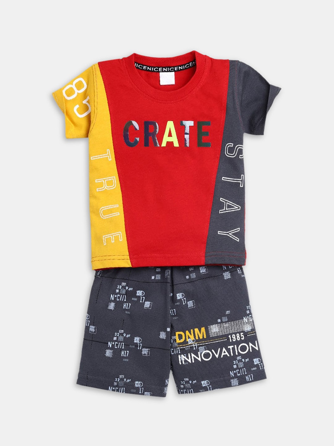 

Hopscotch Boys Red & Grey Printed Pure Cotton T-shirt with Shorts