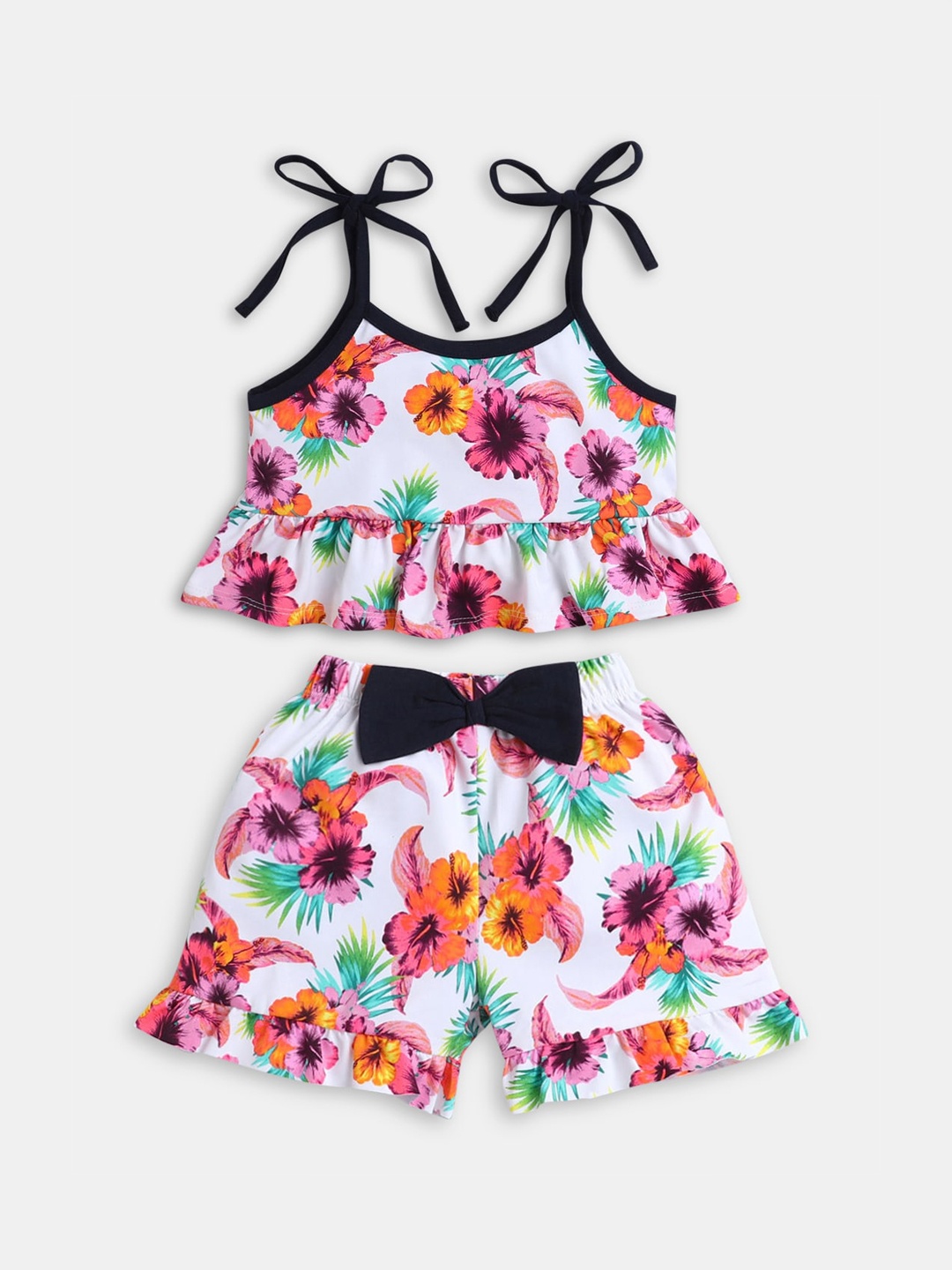 

Hopscotch Girls White & Orange Floral Printed Top with Shorts