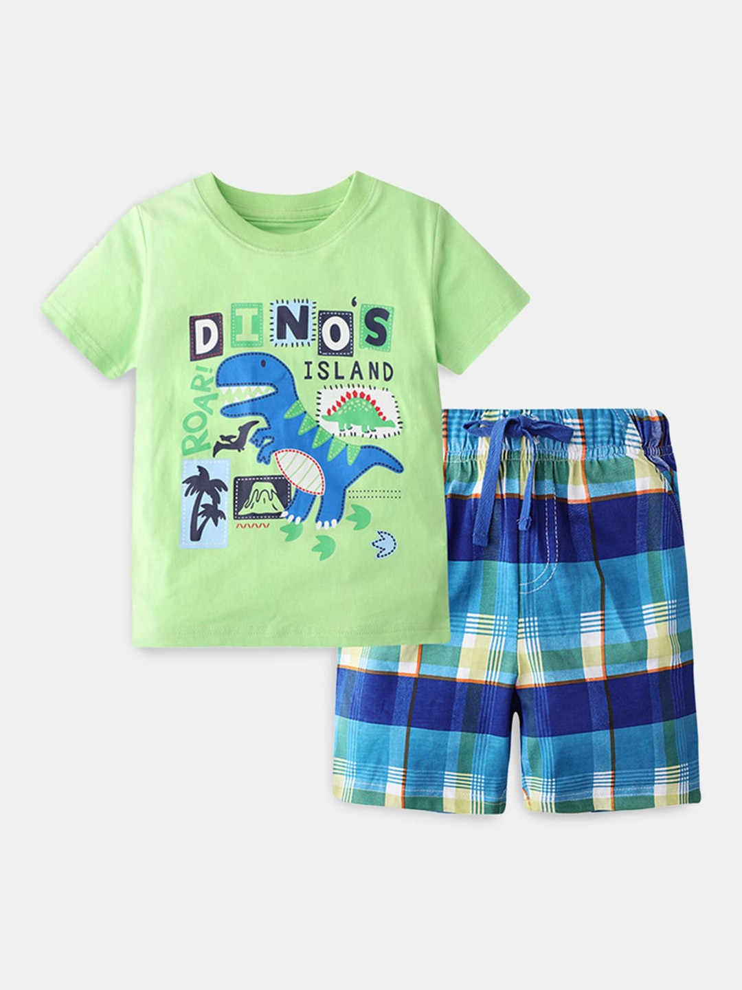 

Hopscotch Boys Fluorescent Green & Blue Printed Pure Cotton T-shirt with Shorts