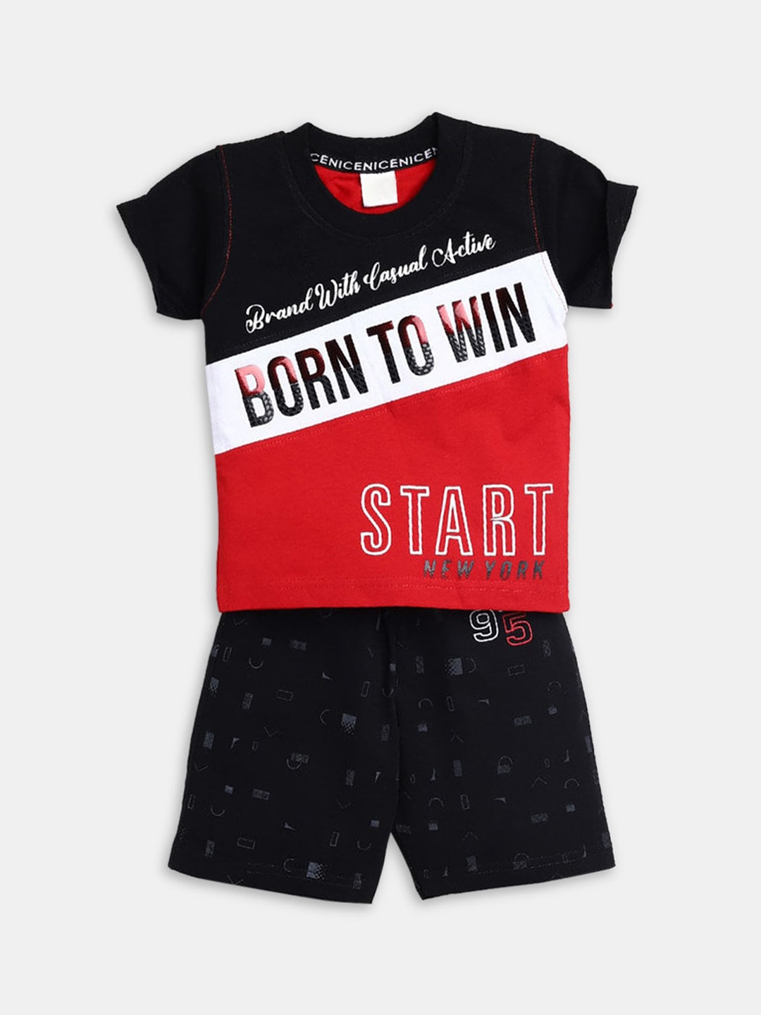 

Hopscotch Boys Red & Navy Blue Printed Pure Cotton T-shirt with Shorts
