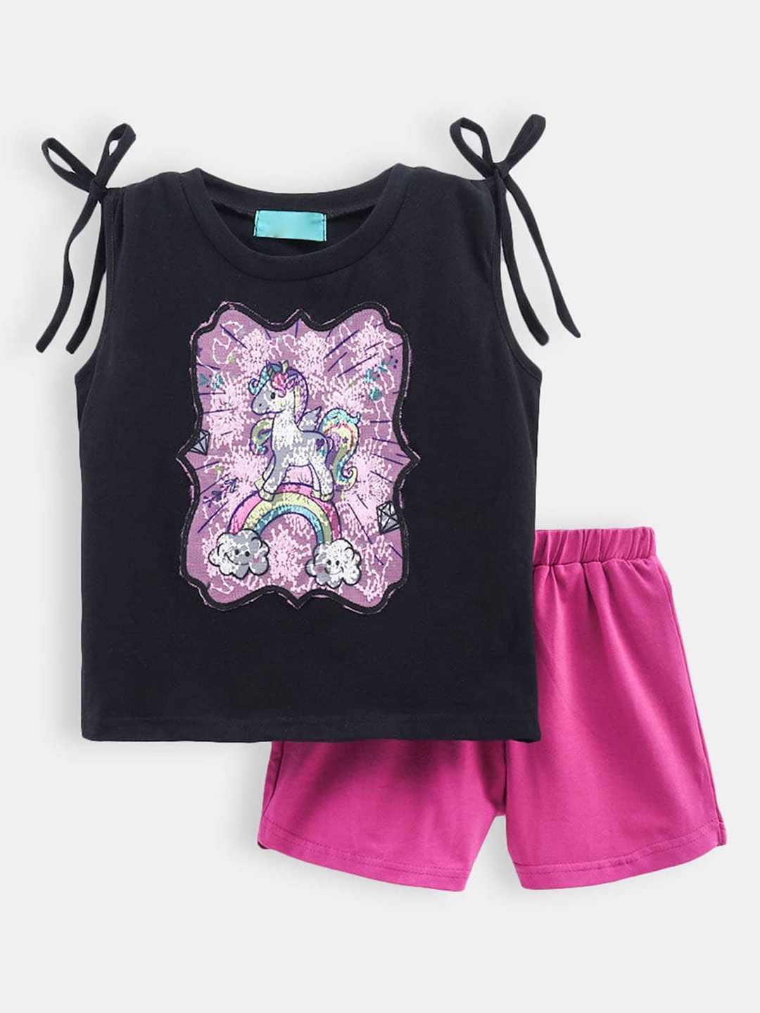 

Hopscotch Girls Purple & Black Pure Cotton Printed T-shirt with Shorts