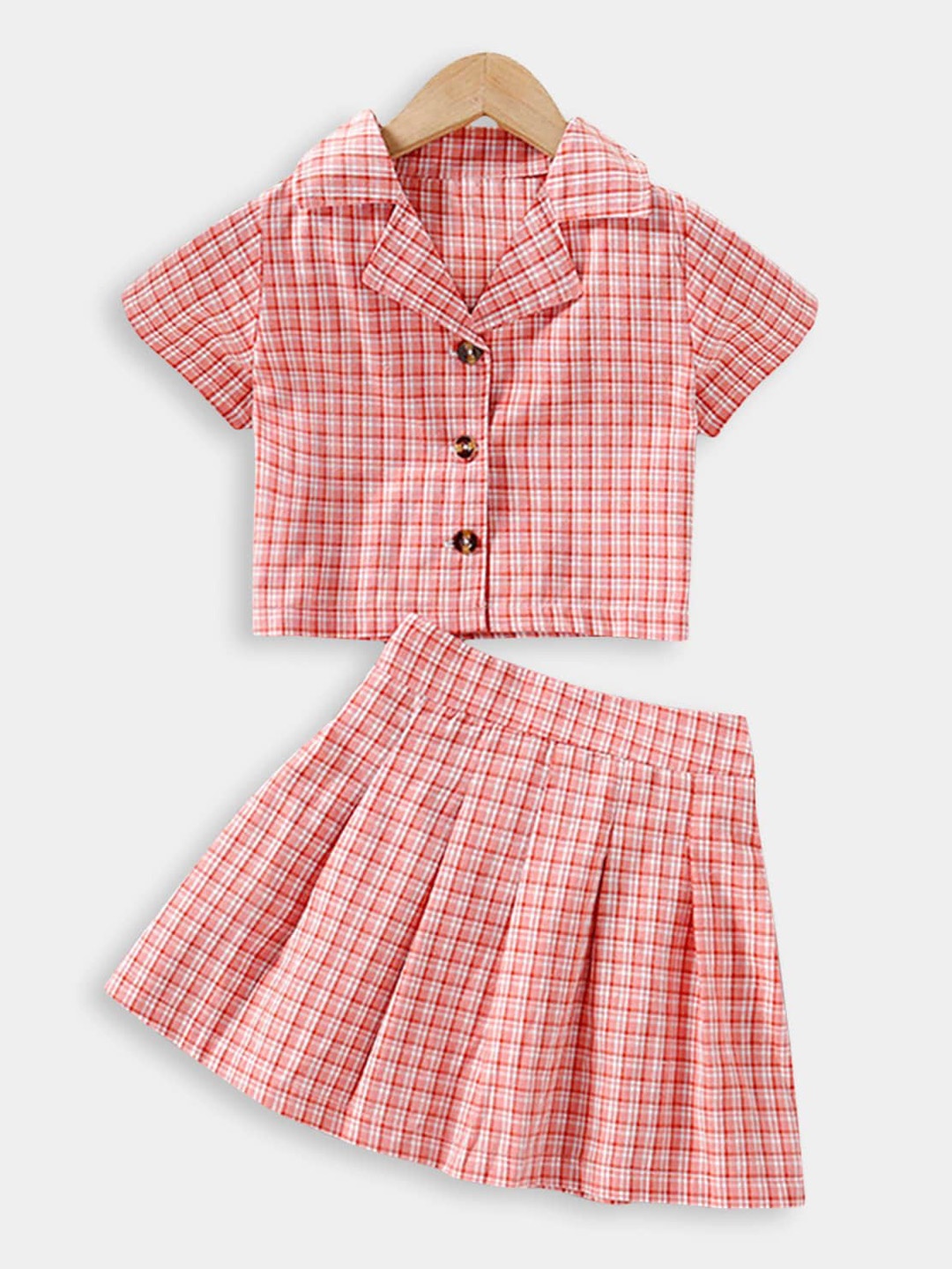 

Hopscotch Girls Pink & Off White Checked Top with Skirt