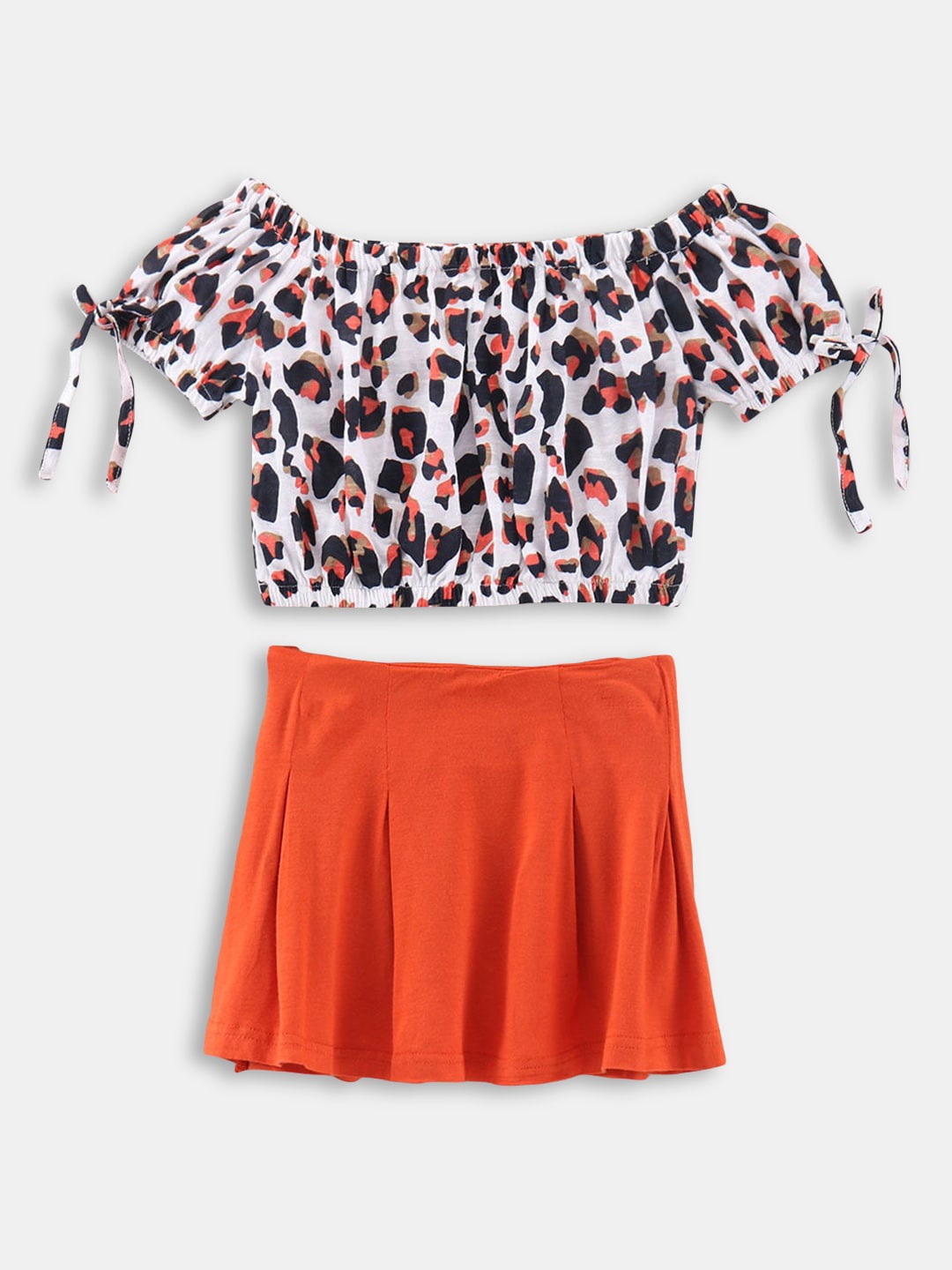

Hopscotch Girls Orange & Off White Cotton Printed Top with Skirt