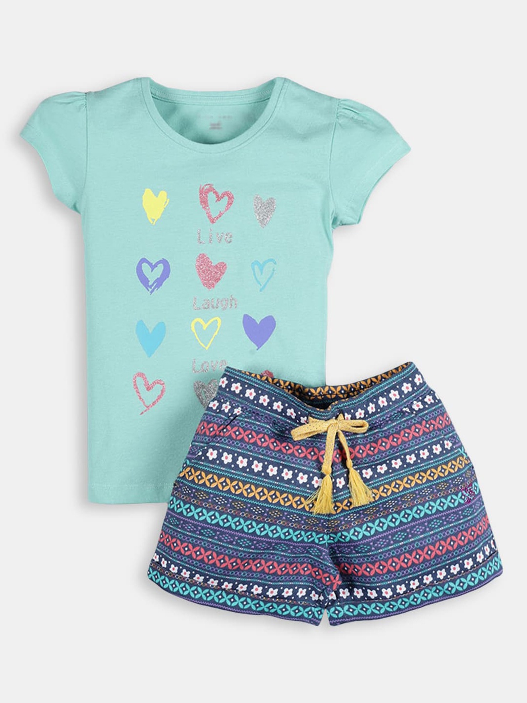 

Hopscotch Girls Green & Blue Printed T-shirt with Shorts