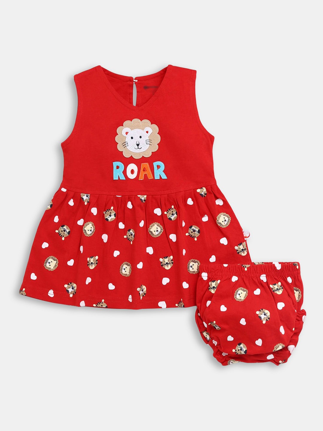 

Hopscotch Girls Red & Off White Printed Pure Cotton Top with Shorts