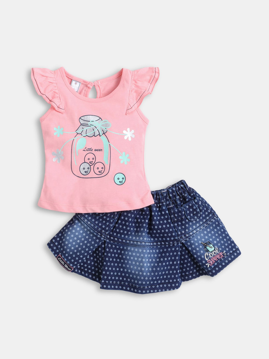 

Hopscotch Girls Peach-Coloured & Blue Printed Top with Skirt