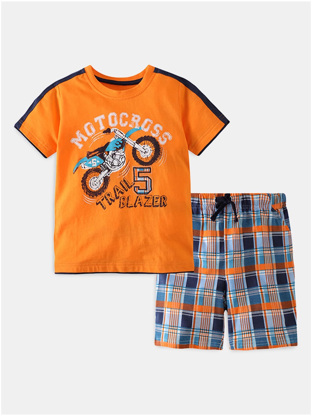 

Hopscotch Boys Orange & Black Printed Pure Cotton T-shirt with Shorts