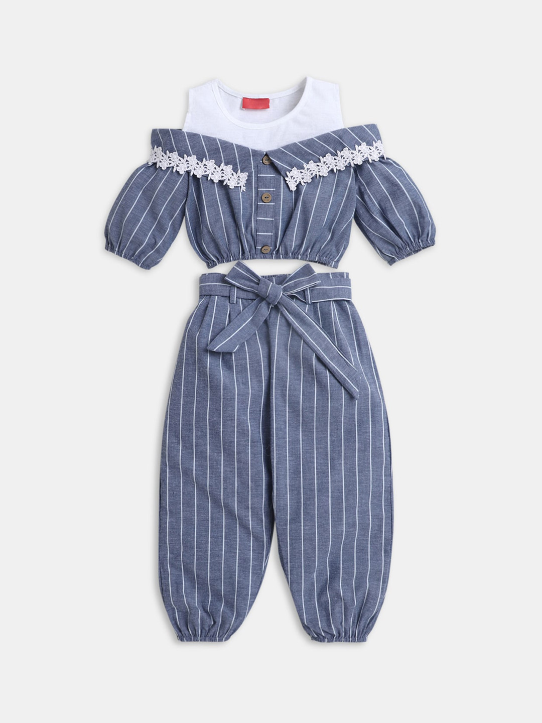 

Hopscotch Girls Grey & White Striped Pure Cotton Top with Trousers