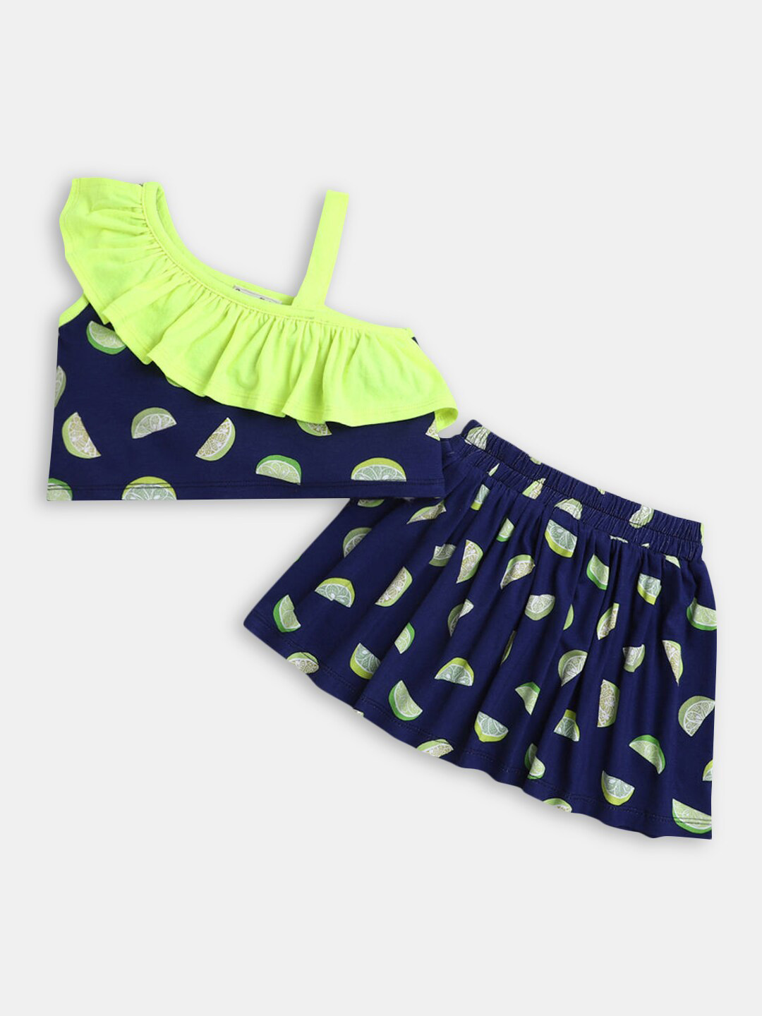 

Hopscotch Girls Navy Blue & Green Printed Top with Skirt