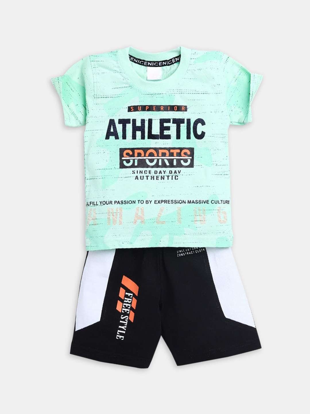 

Hopscotch Boys Turquoise Blue & Black Printed T-shirt with Shorts