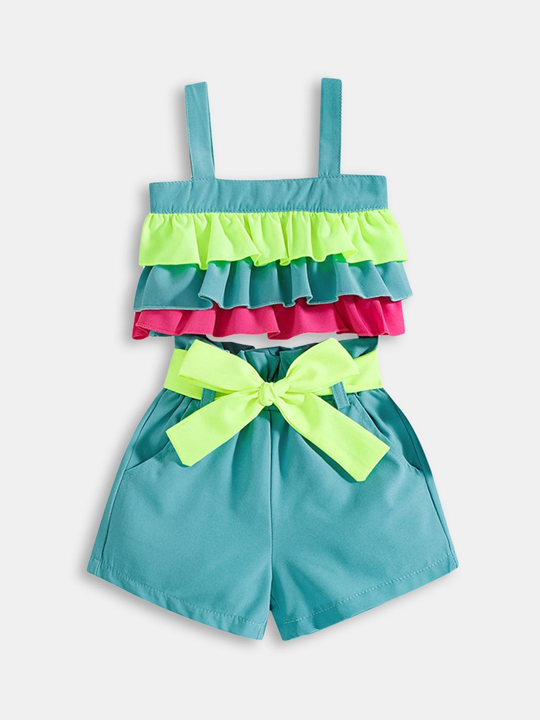 

Hopscotch Girls Teal & Fluorescent Green Colourblocked Top with Shorts