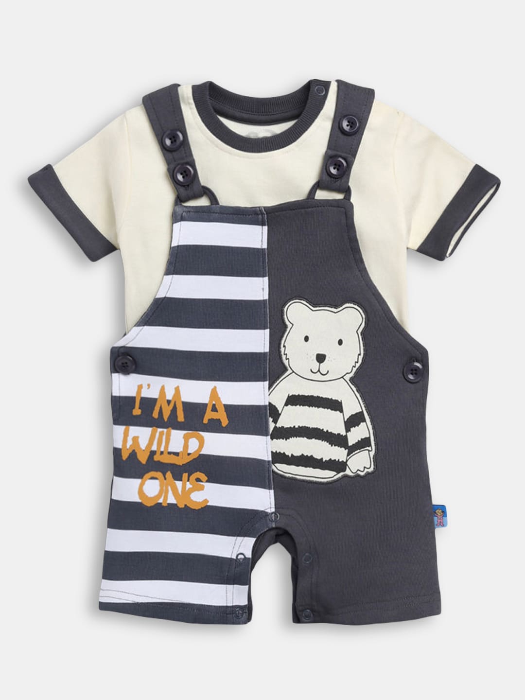 

Hopscotch Boys Cream-Coloured & Grey Striped T-shirt with Dungaree Shorts