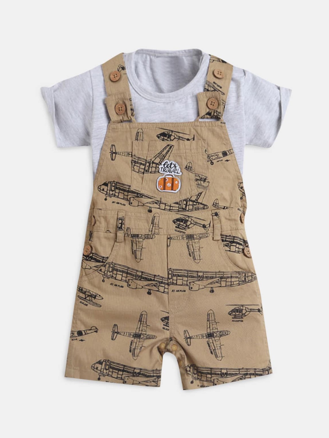 

Hopscotch Boys Khaki & Grey Printed Cotton T-shirt With Dungaree Set