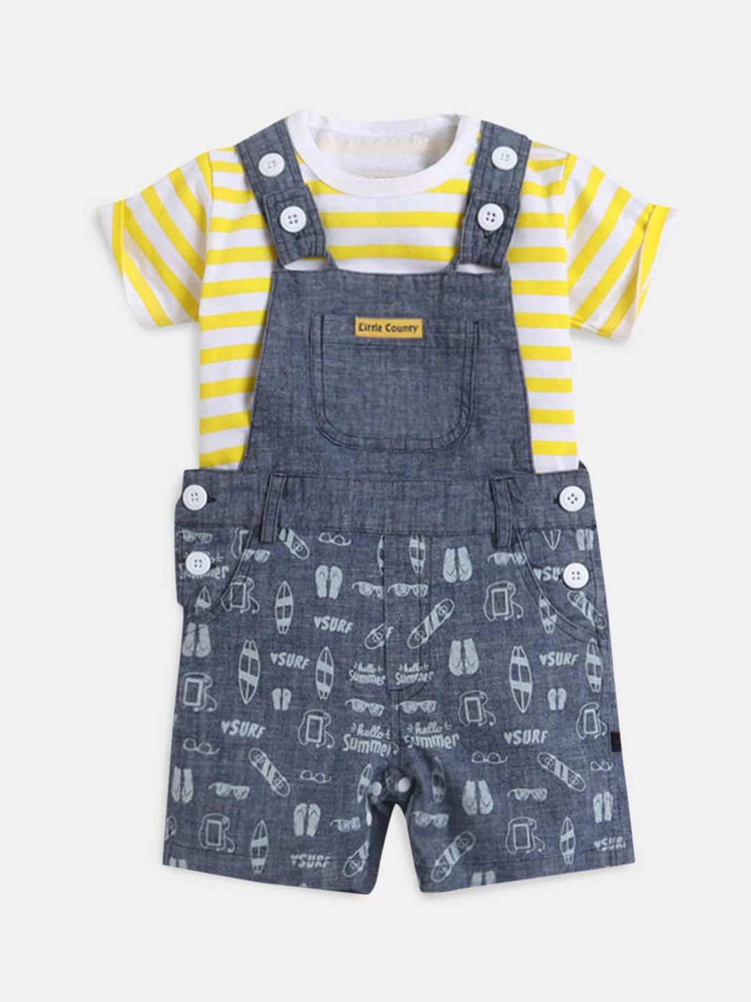 

Hopscotch Boys Blue & Yellow Striped Pure Cotton T-shirt With Dungaree Set