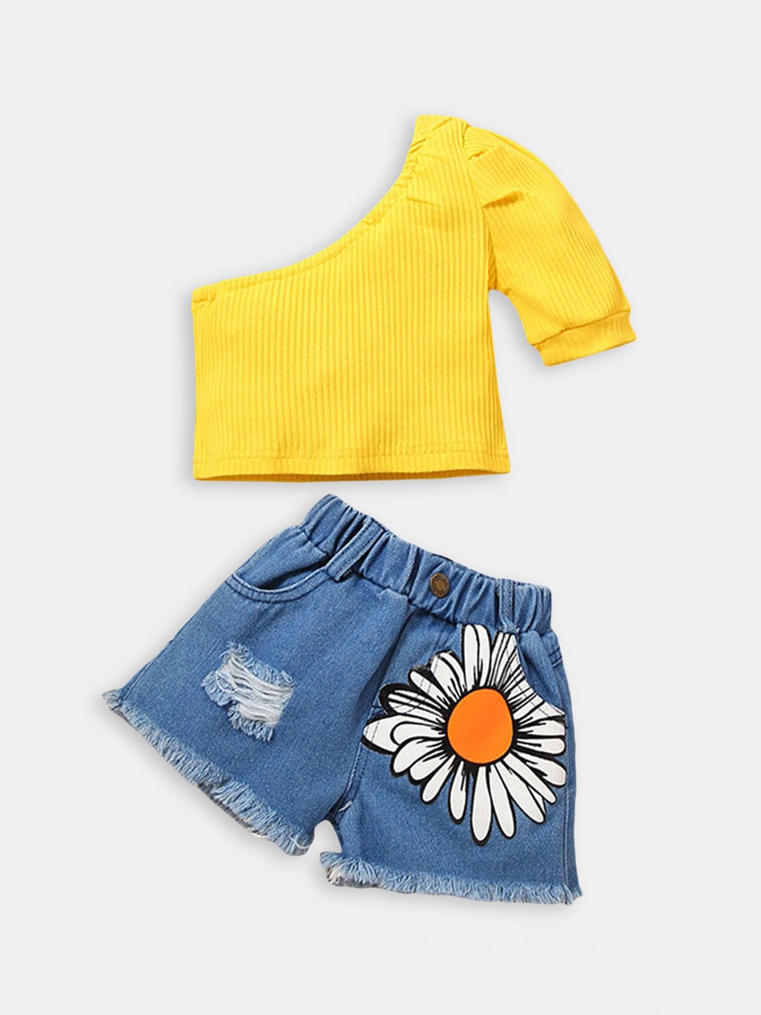 

Hopscotch Girls Yellow & Blue Pure Cotton Top with Shorts