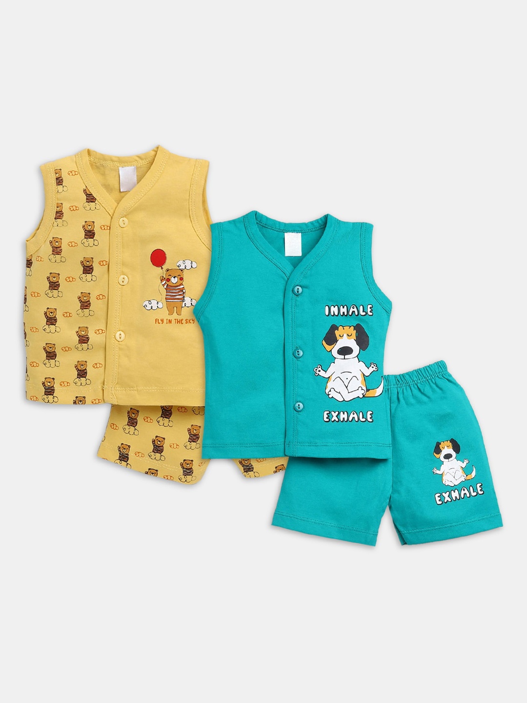 

Hopscotch Boys Pack Of 2 Yellow & Blue Printed T-shirt with Shorts