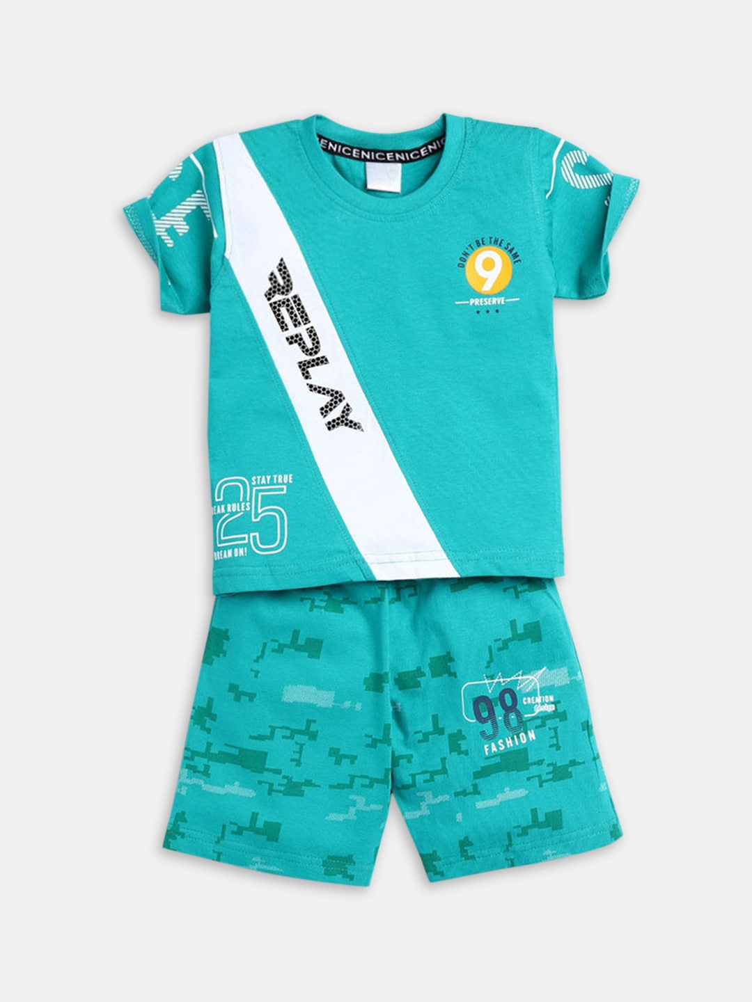 

Hopscotch Boys Green & White Printed T-shirt with Shorts