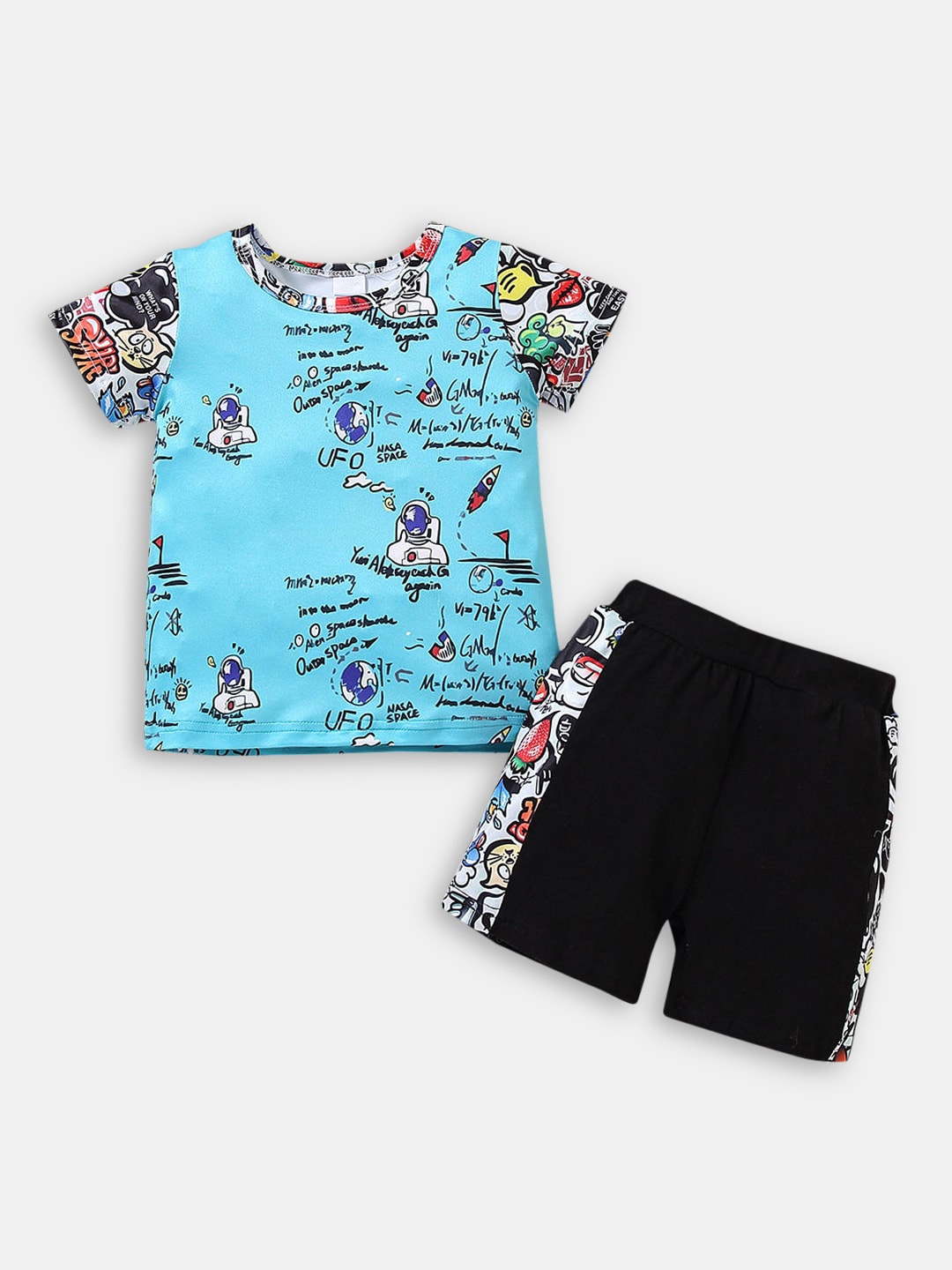 

Hopscotch Boys Blue & Black Printed T-shirt with Shorts