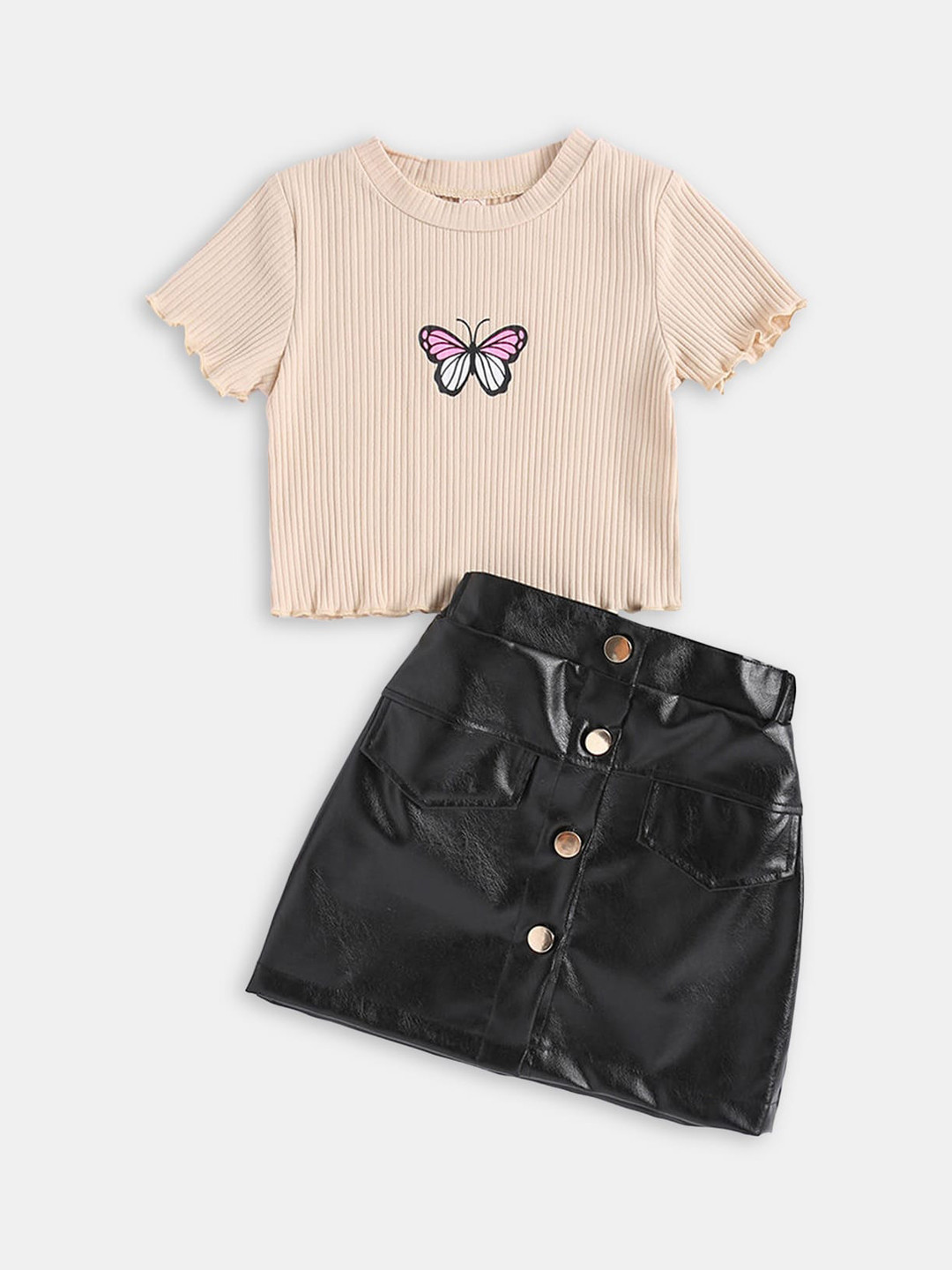 

Hopscotch Girls Cream-Coloured & Black Printed T-shirt with Skirt