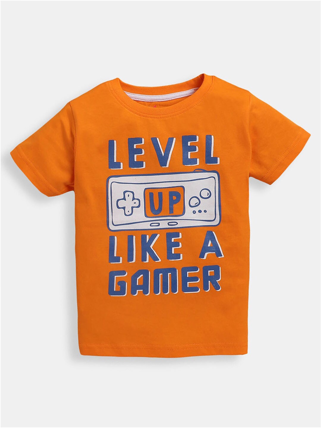 

Hopscotch Boys Orange & Blue Typography Print Cotton T-shirt