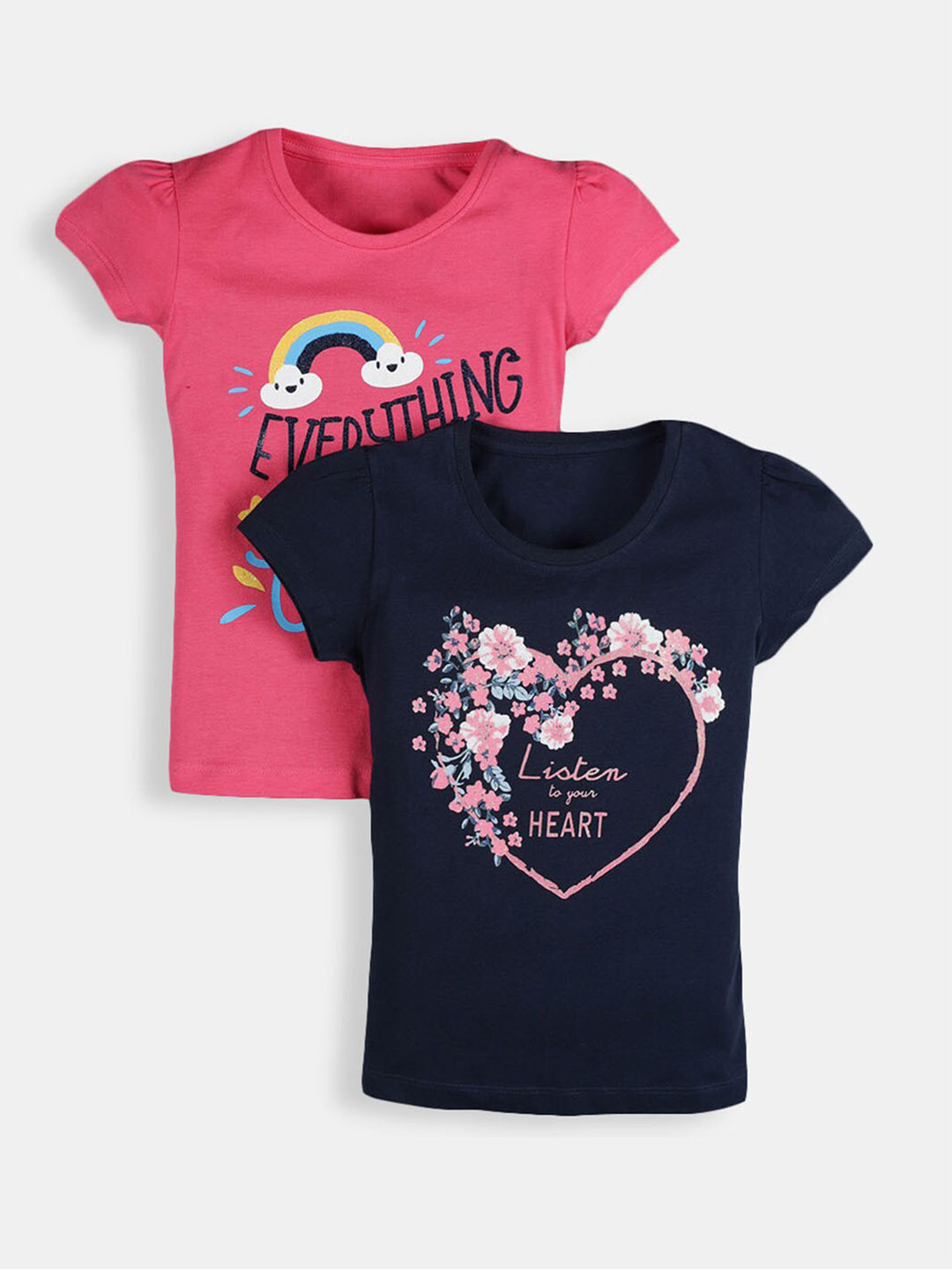 

Hopscotch Girls Pack of 2 Navy Blue & Pink Printed Pure Cotton T-shirts
