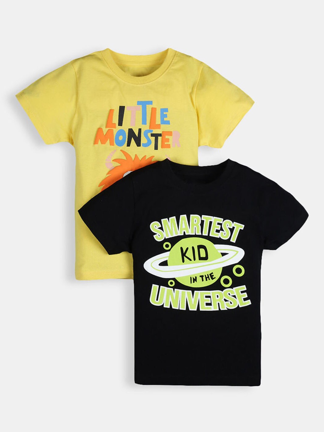 

Hopscotch Boys Pack of 2 Yellow & Black Typography Printed Pure Cotton T-shirt