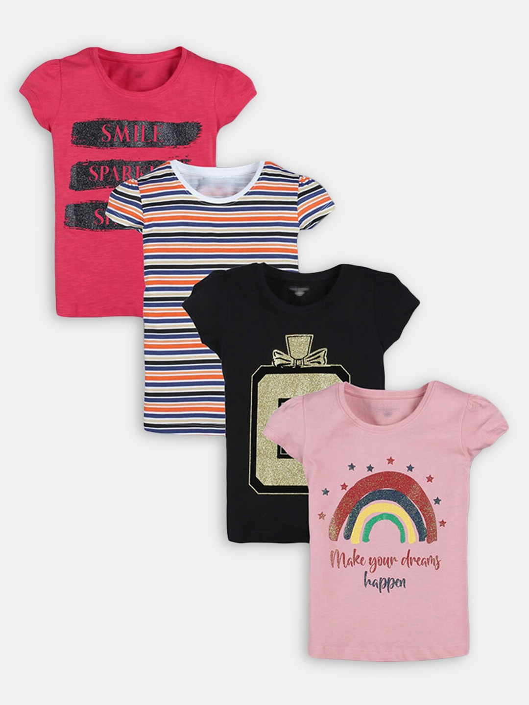 

Hopscotch Girls Pack Of 4 Typography T-shirt, Pink