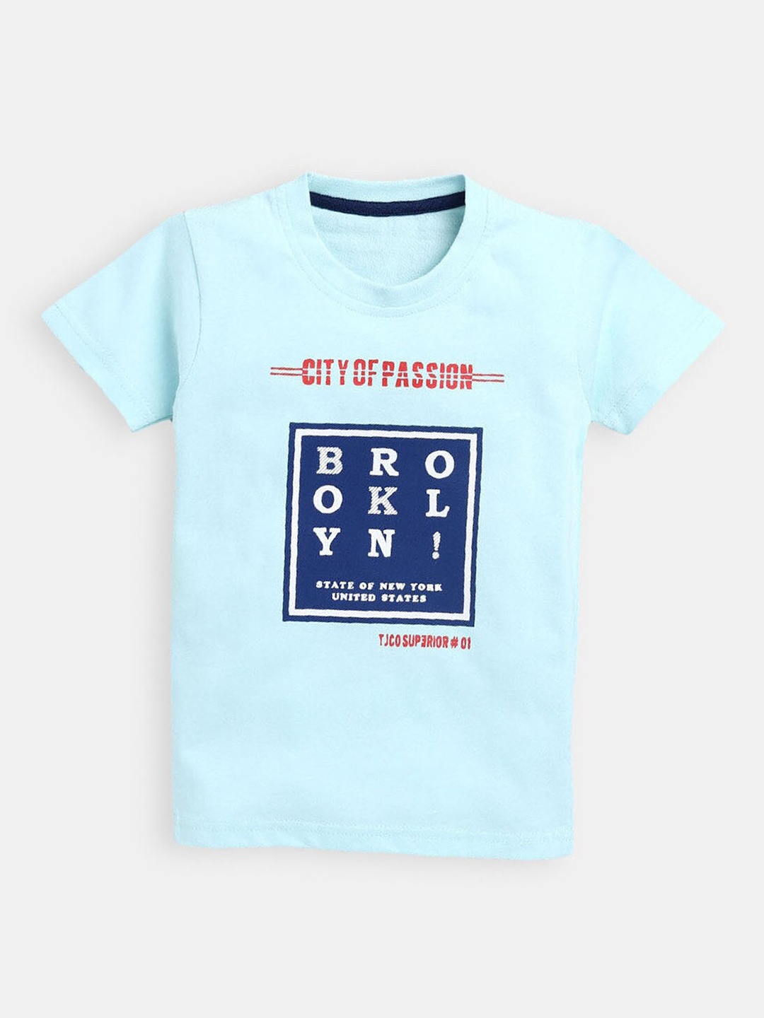 

Hopscotch Boys Turquoise Blue & Navy Blue Typography Printed Pure Cotton T-shirt