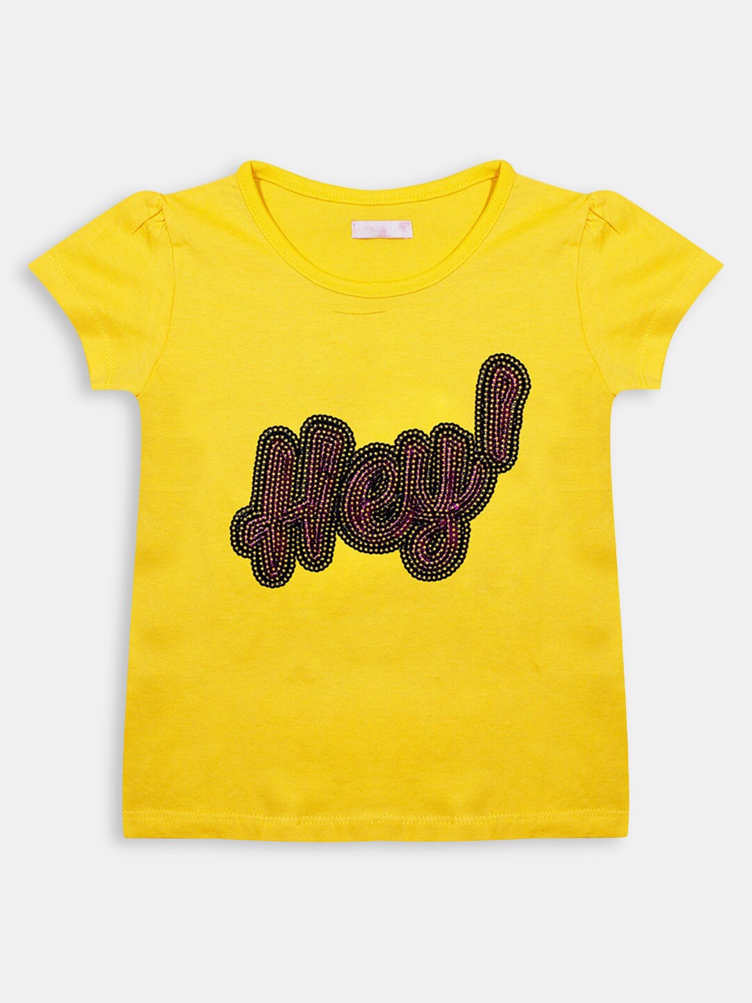 

Hopscotch Girls Yellow Typography Embellished Puff Sleeves Pure Cotton T-shirt