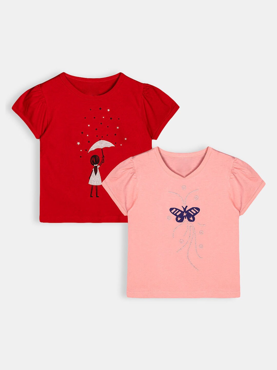 

Hopscotch Girls Red & Pink Pack Of 2 Printed Pure Cotton T-shirt