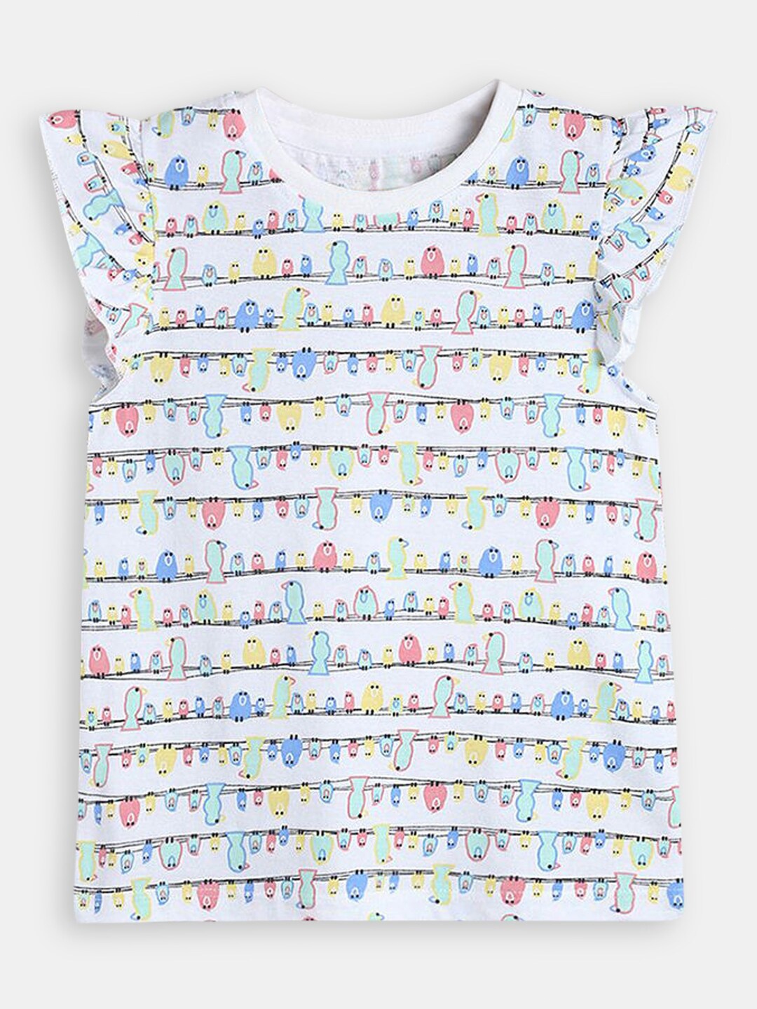 

Hopscotch Girls Off White & Blue Cotton Printed T-shirt