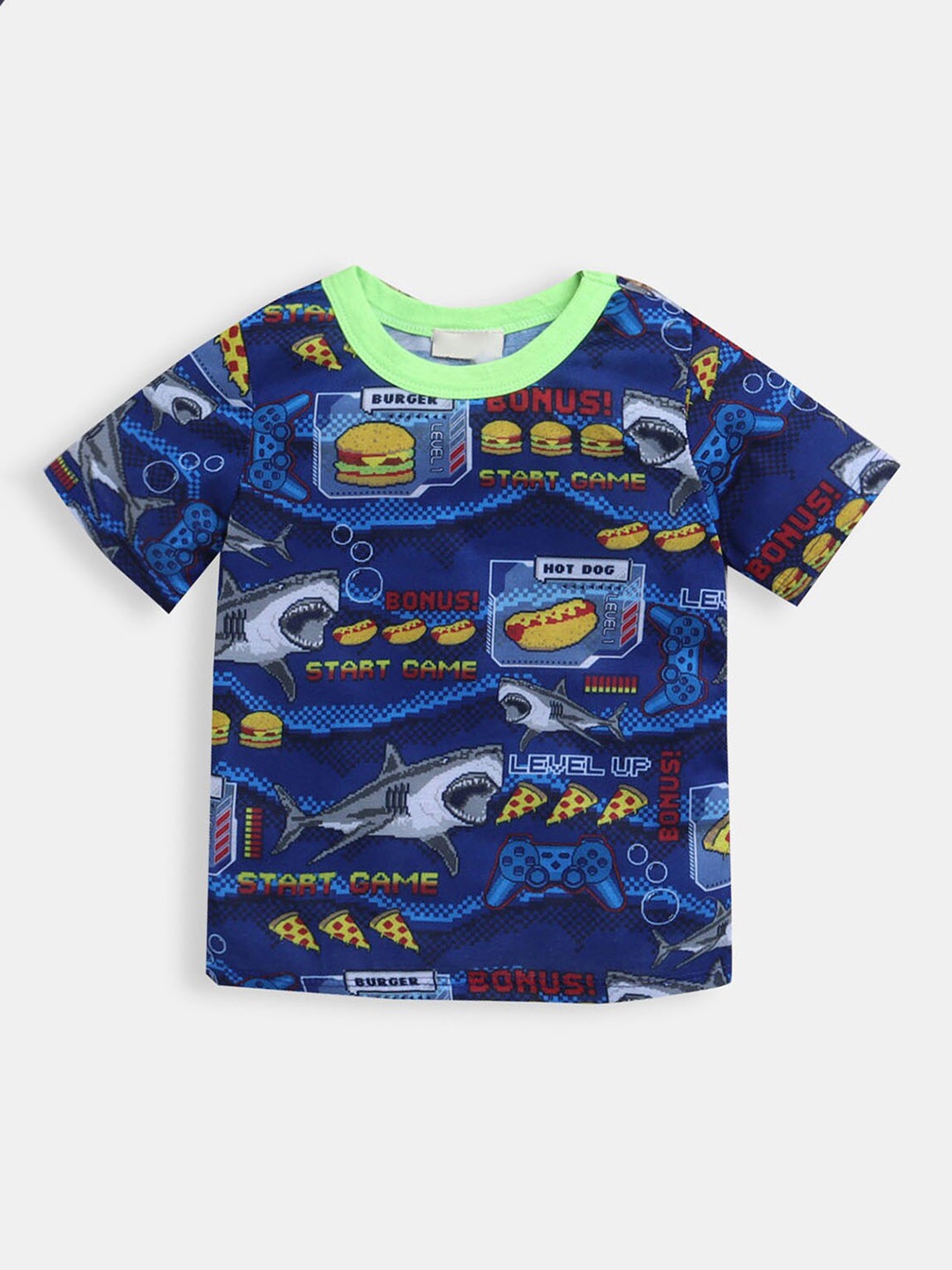 

Hopscotch Boys Navy Blue & Green Printed T-shirt