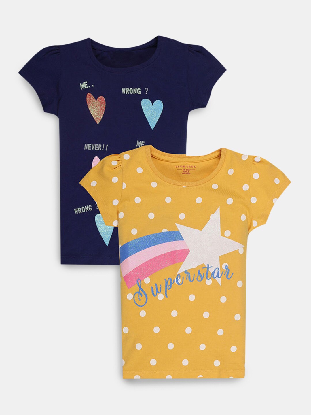 

Hopscotch Pack Of 2 Girls Yellow And Navy Blue Printed Cotton T Shirts