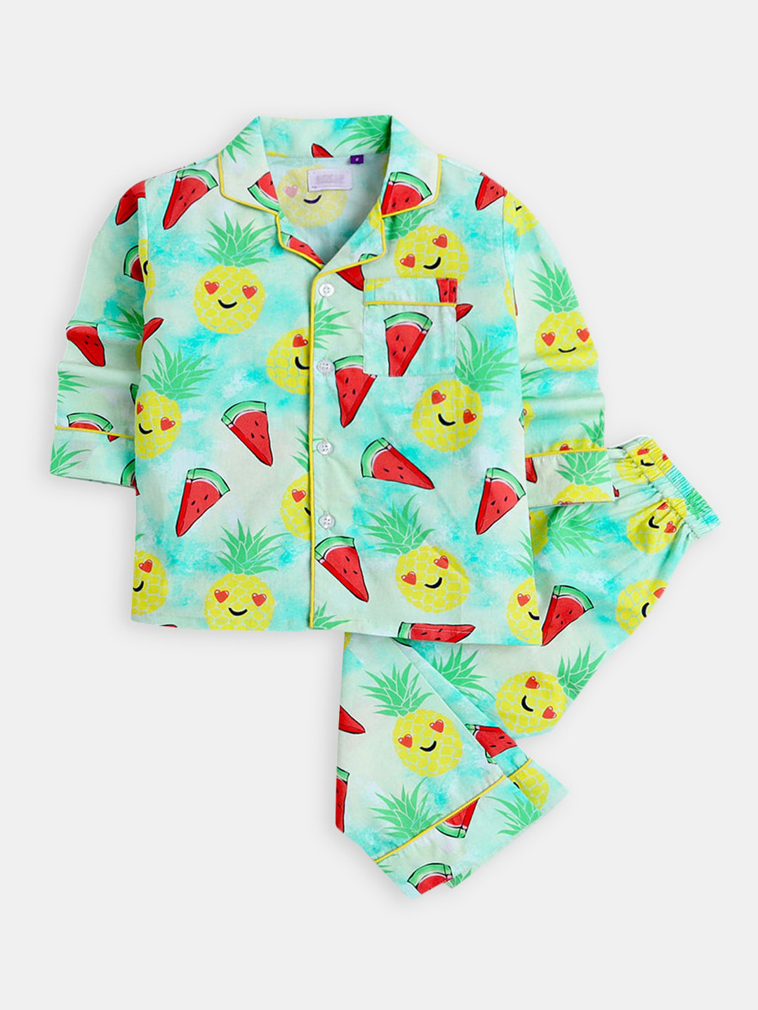

Hopscotch Kids Green & Yellow Printed Shirt with Pyjama Night suit set
