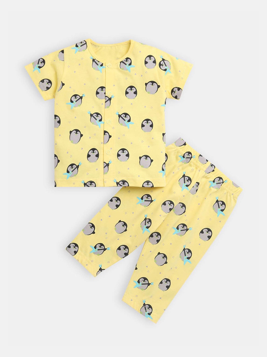 

Hopscotch Unisex Kids Yellow & Grey Printed Cotton Night suit