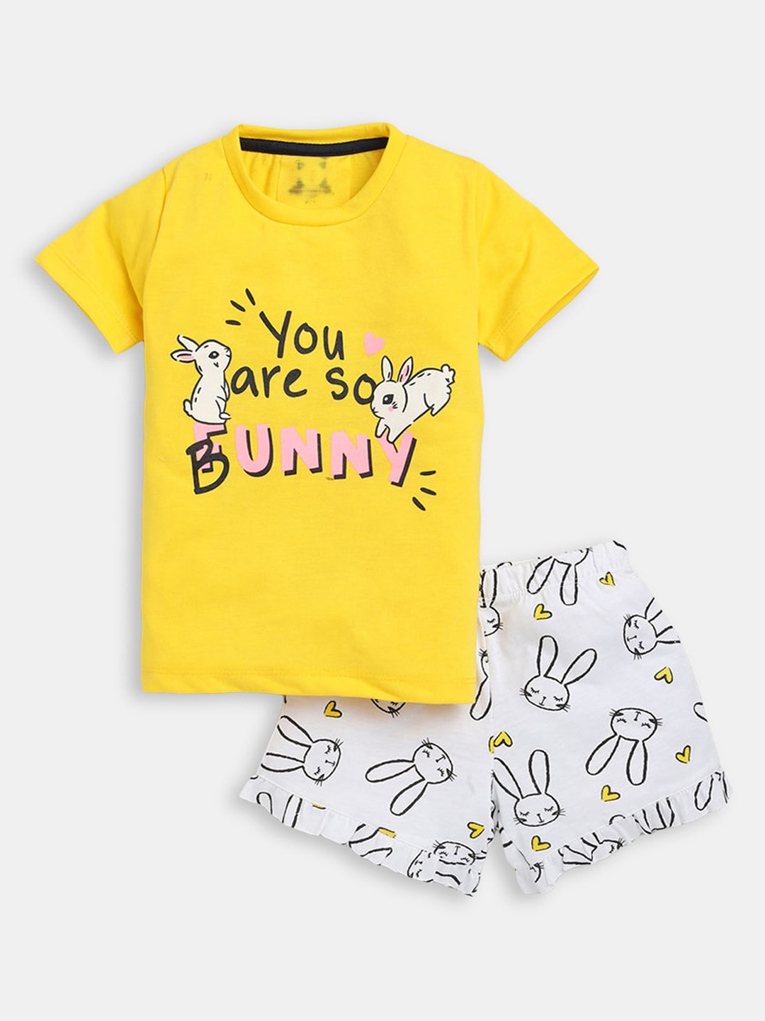 

Hopscotch Girls Yellow & White Printed Night suit