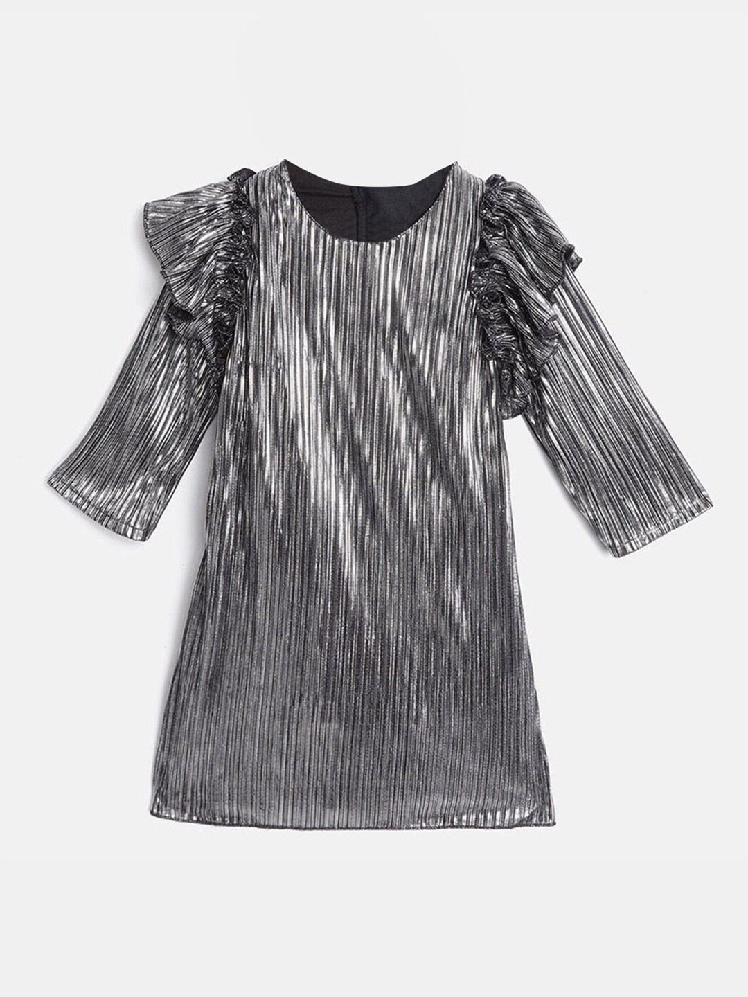 

Hopscotch Women Grey Striped Full-Sleeve A-Line Party Dress