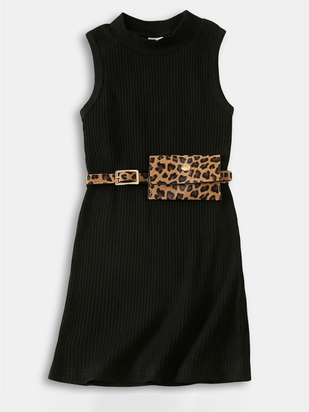

Hopscotch Black Sleeveless Solid Casual Dress with Belt