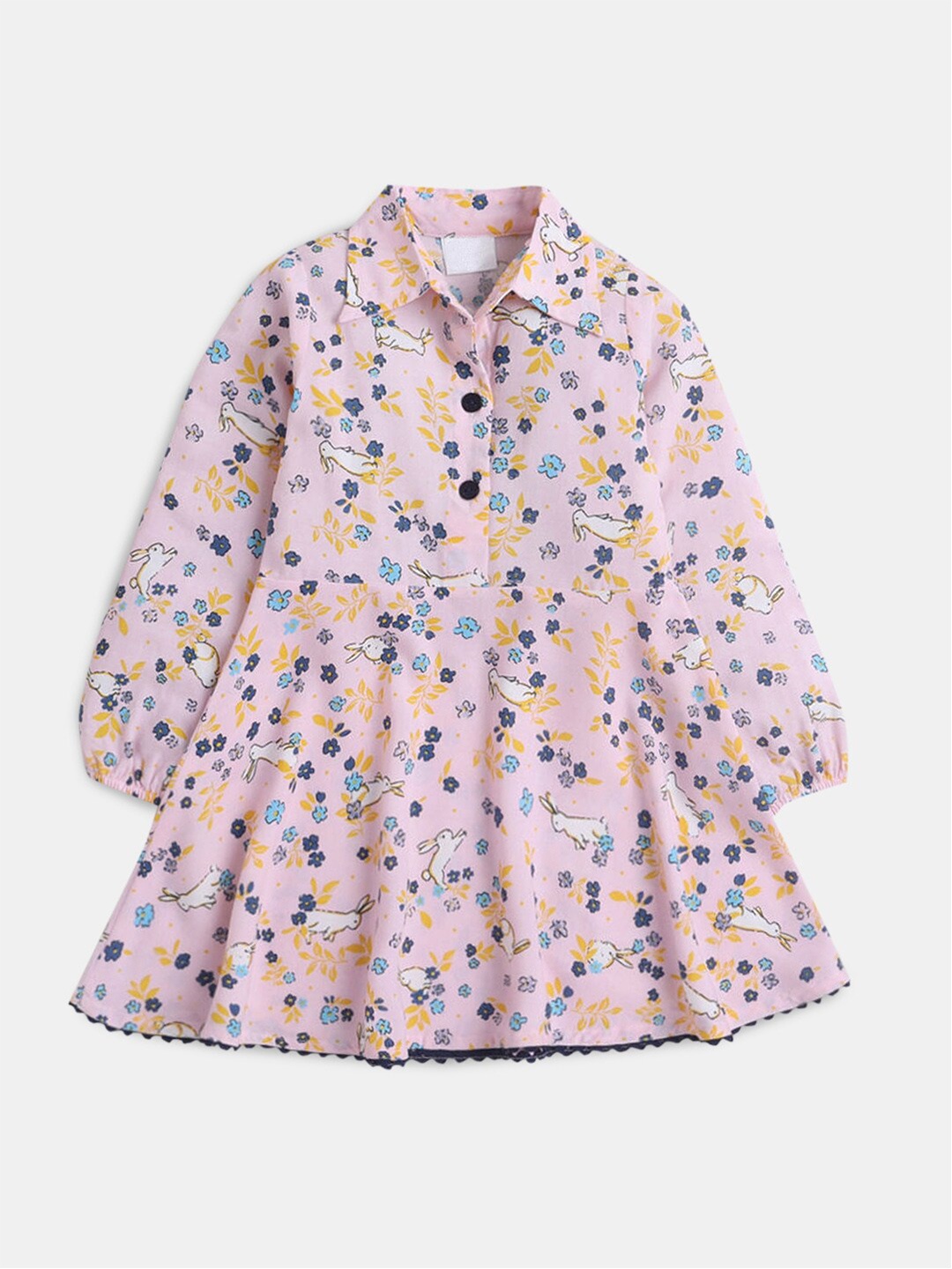 

Hopscotch Girls Pink Floral Printed Collar Neck Dress