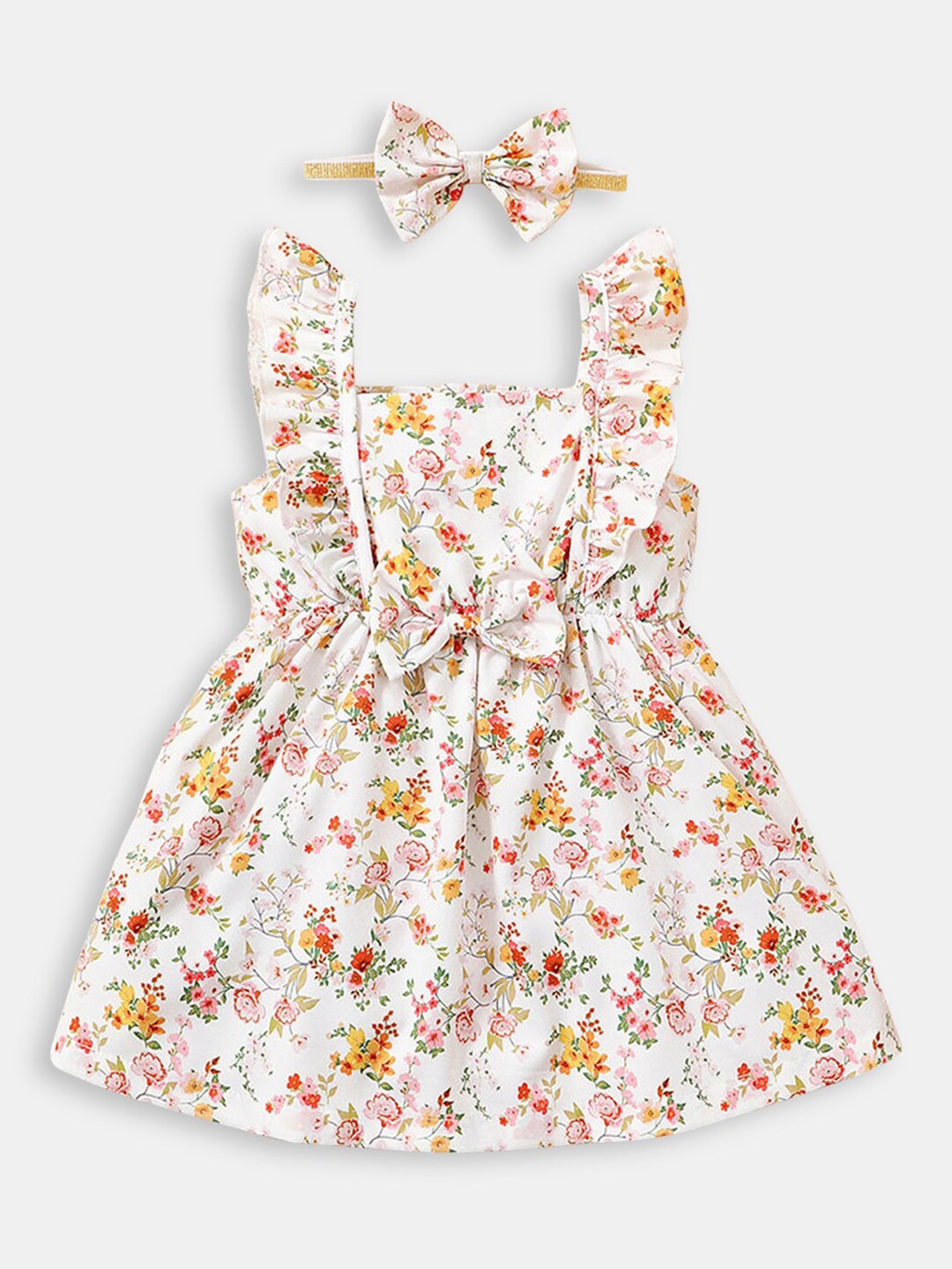 

Hopscotch Girls Multicolored Floral Print Ruffle Dress With Headband, Multi
