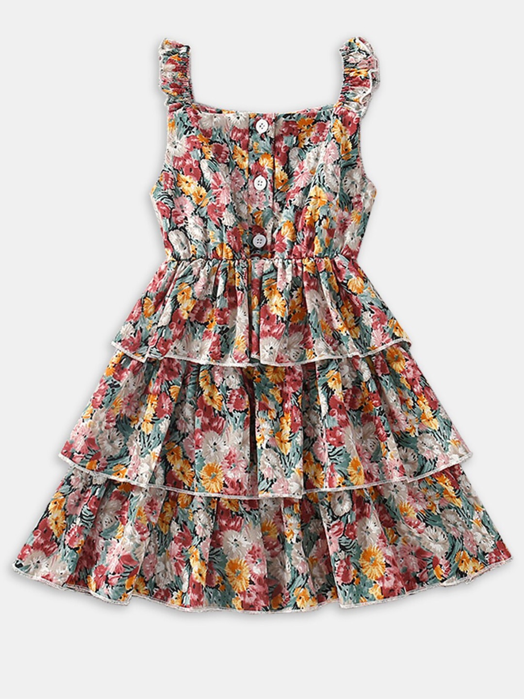 

Hopscotch Girls Red & Beige Floral Printed Layered A-Line Dress